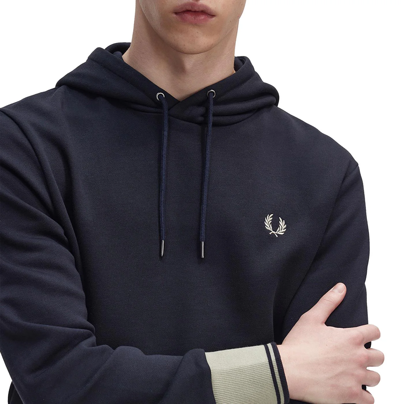 Fred Perry Constrast Cuff Laurel Hooded Sweatshirt Navy - Image 4