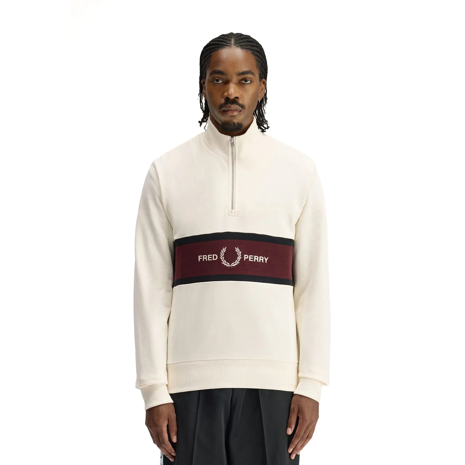 Fred Perry Embroidered Panel Half Zip Sweatshirt Ecru
