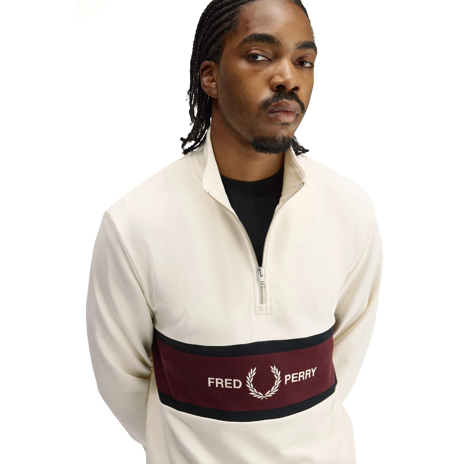 Fred Perry Embroidered Panel Half Zip Sweatshirt Ecru - Image 3