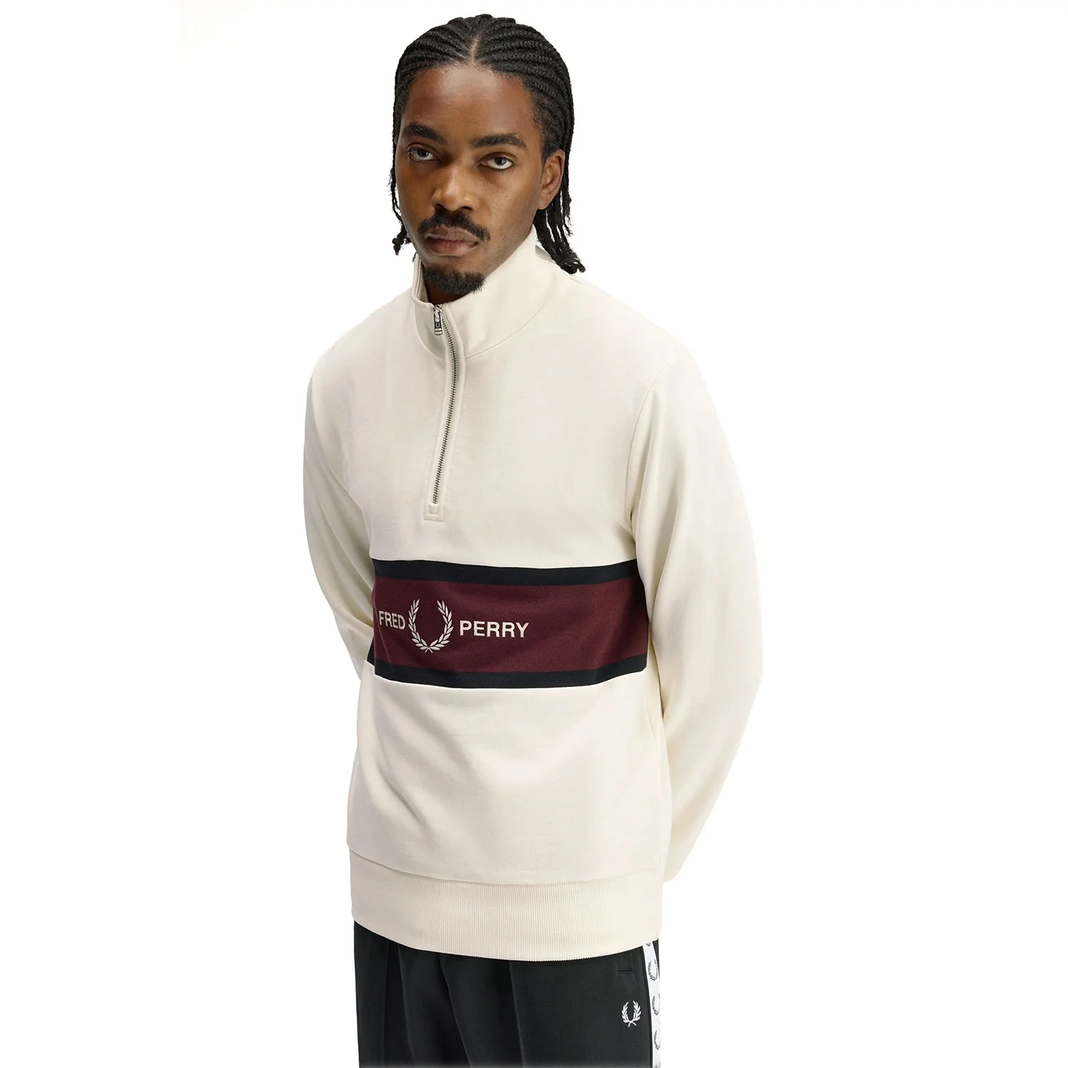 Fred Perry Embroidered Panel Half Zip Sweatshirt Ecru - Image 4