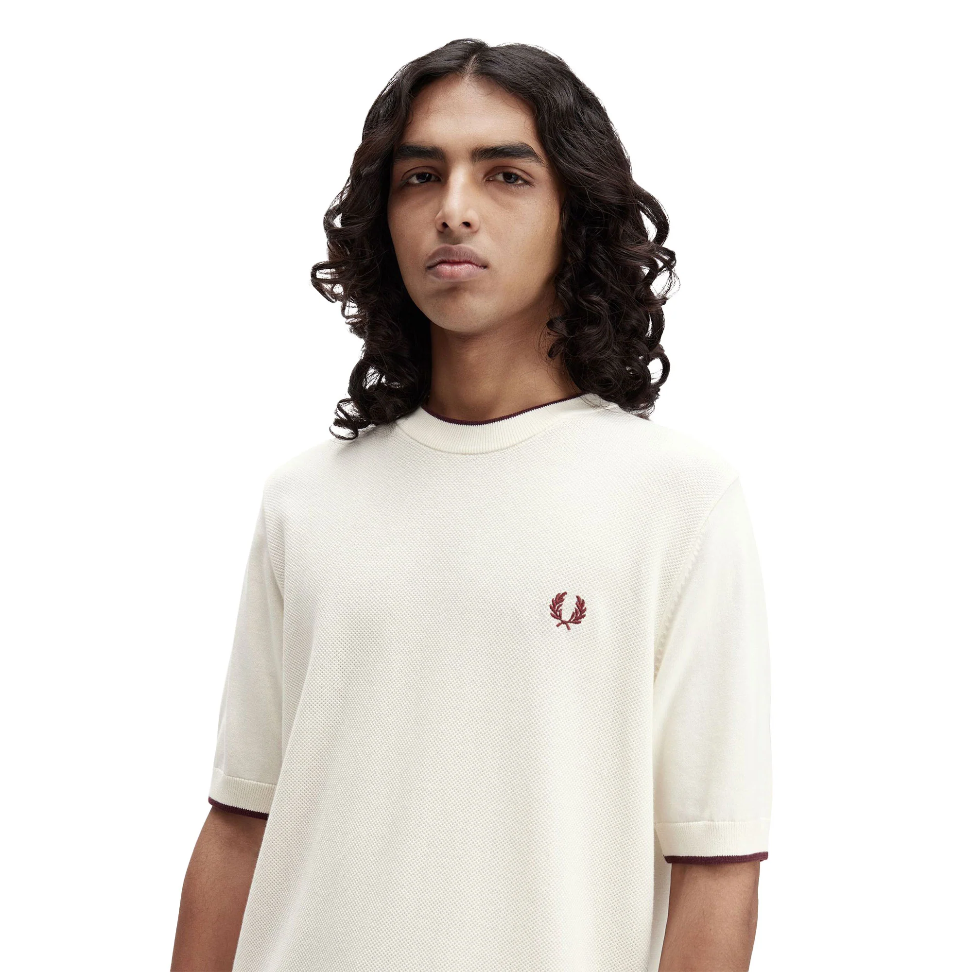 Fred Perry Pique Stitch Knitted T-Shirt Ecru - Image 3