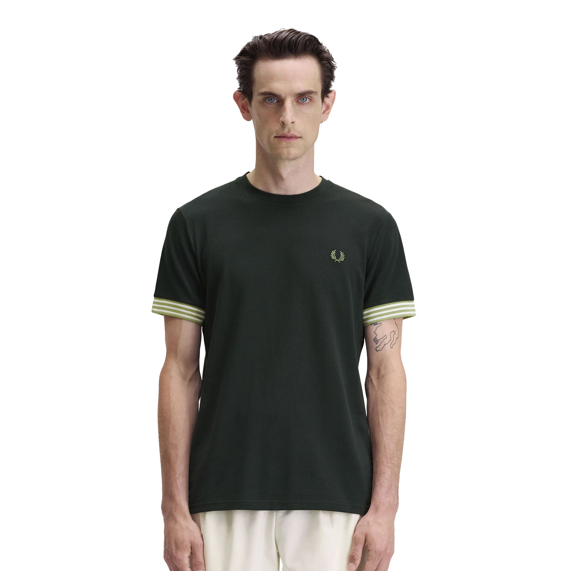 Fred Perry Striped Cuff T-Shirt Night Green
