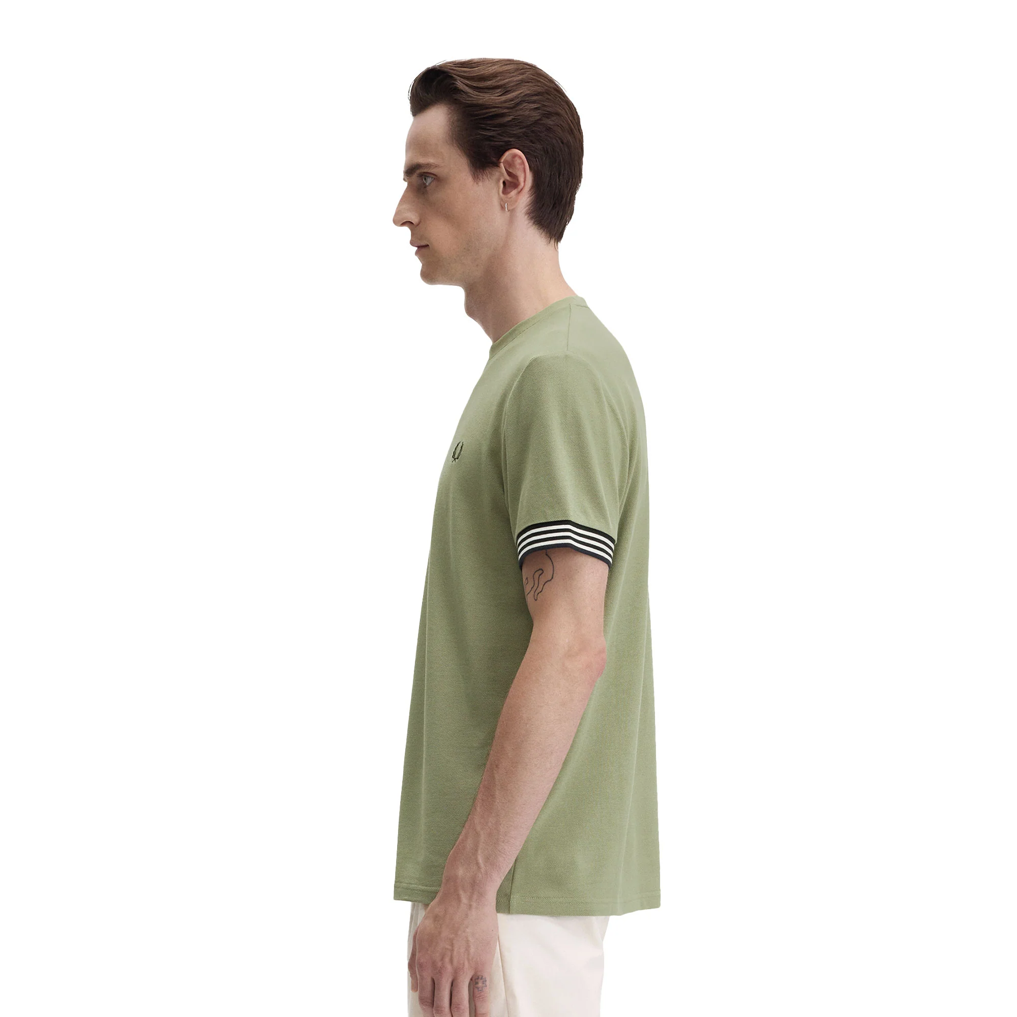 Fred Perry Striped Cuff T-Shirt Olive Mint - Image 2