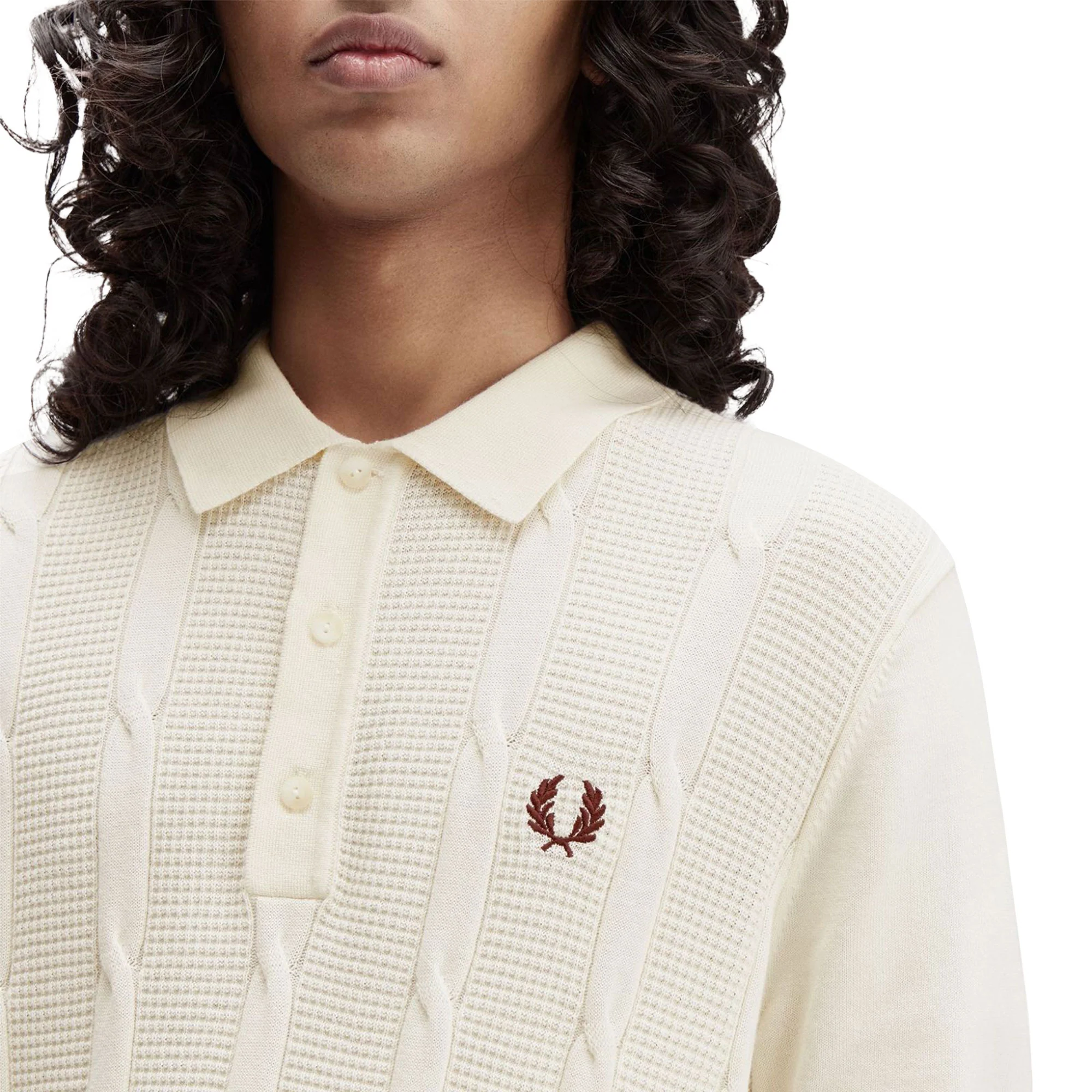 Fred Perry Textured Cable Knit Shirt Ecru - Image 3