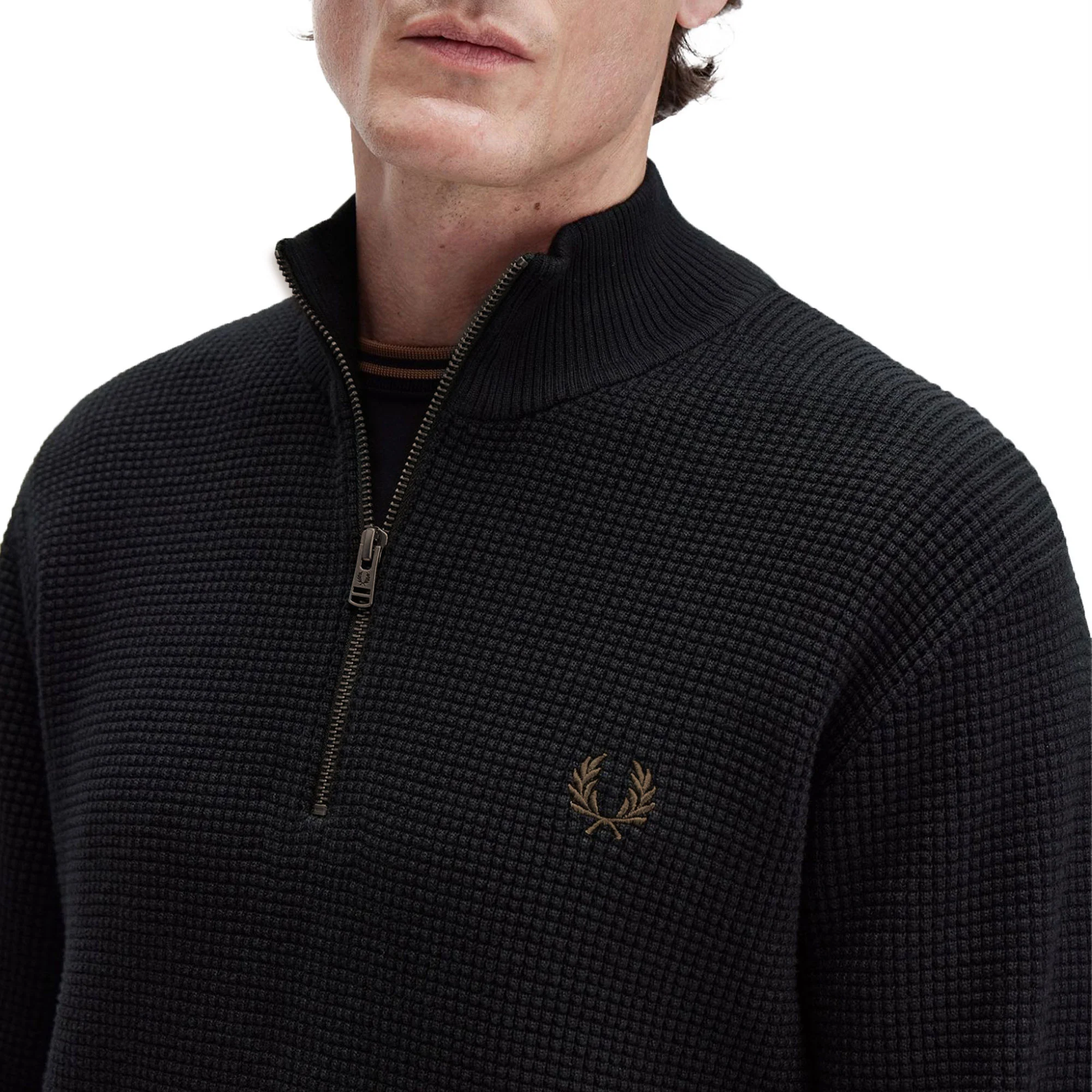 Fred Perry Waffle Stitch Half Zip Jumper Black - Image 2