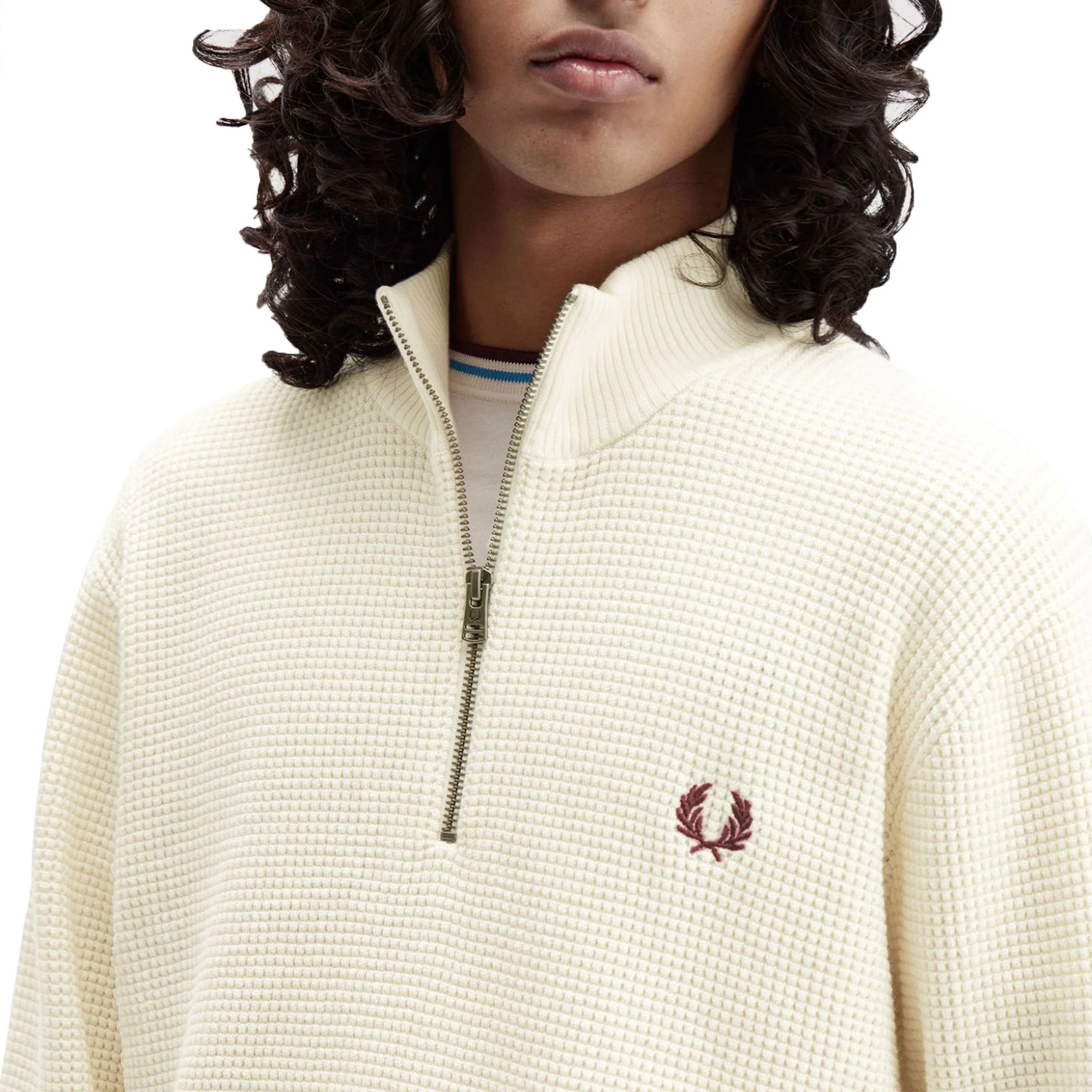Fred Perry Waffle Stitch Half Zip Jumper Ecru - Image 5
