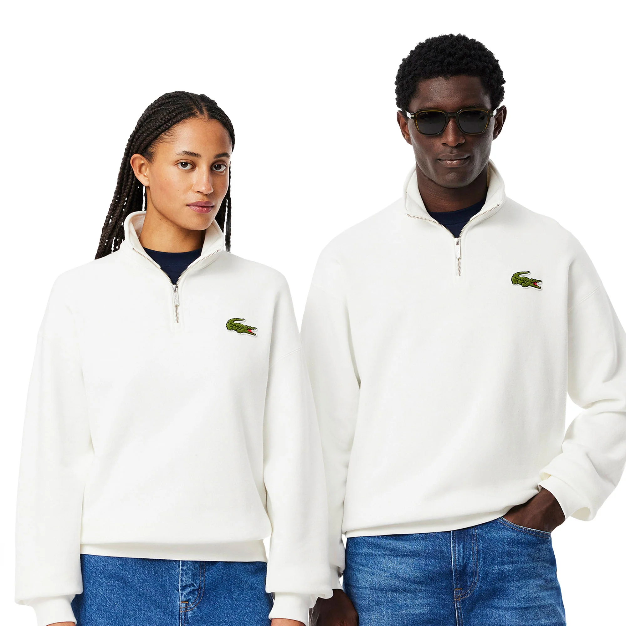 Lacoste Loose Fit Zip Neck Badge Accent Sweatshirt Flour