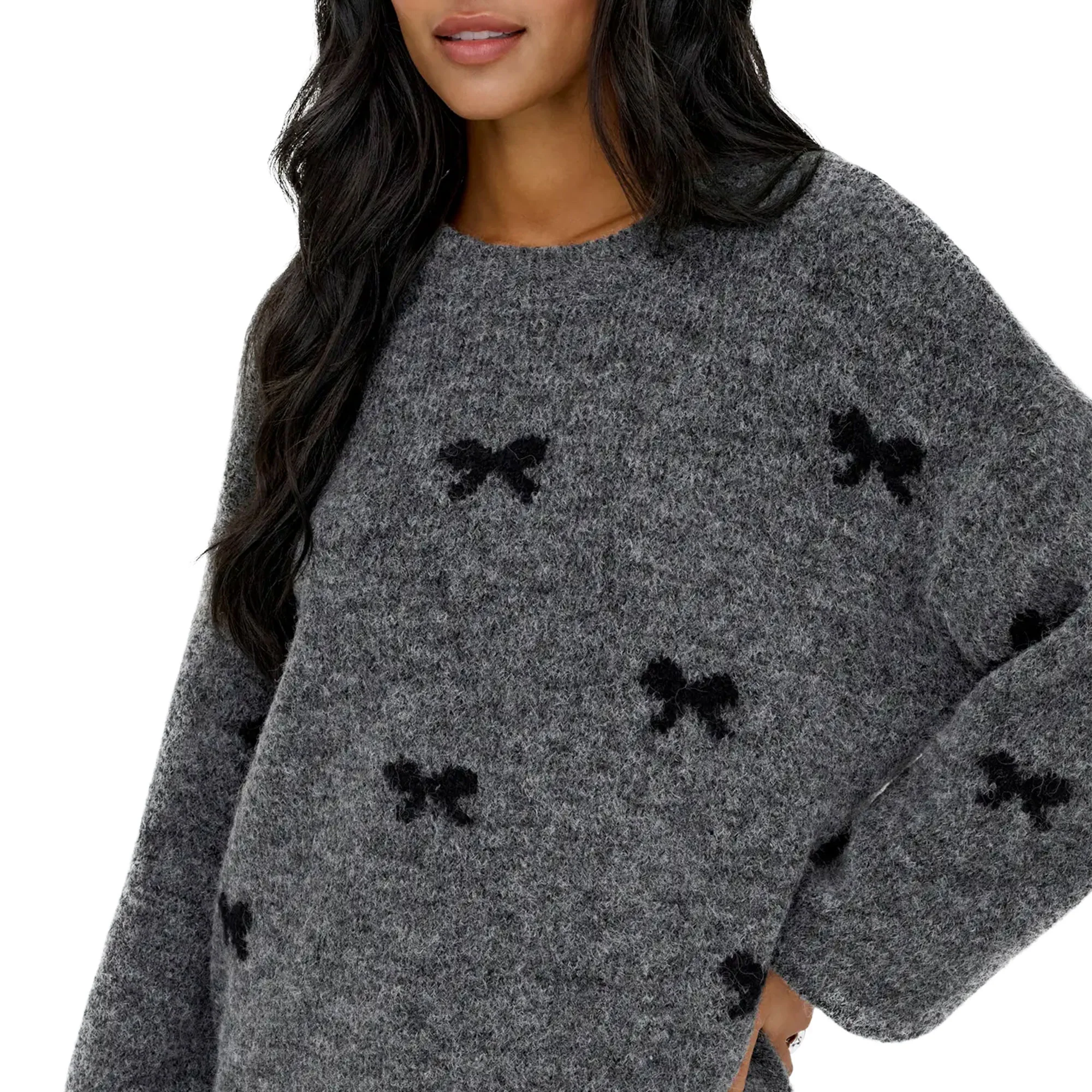 Only Brunhilda Life LS Bow O-Neck Knit Medium Grey - Image 3
