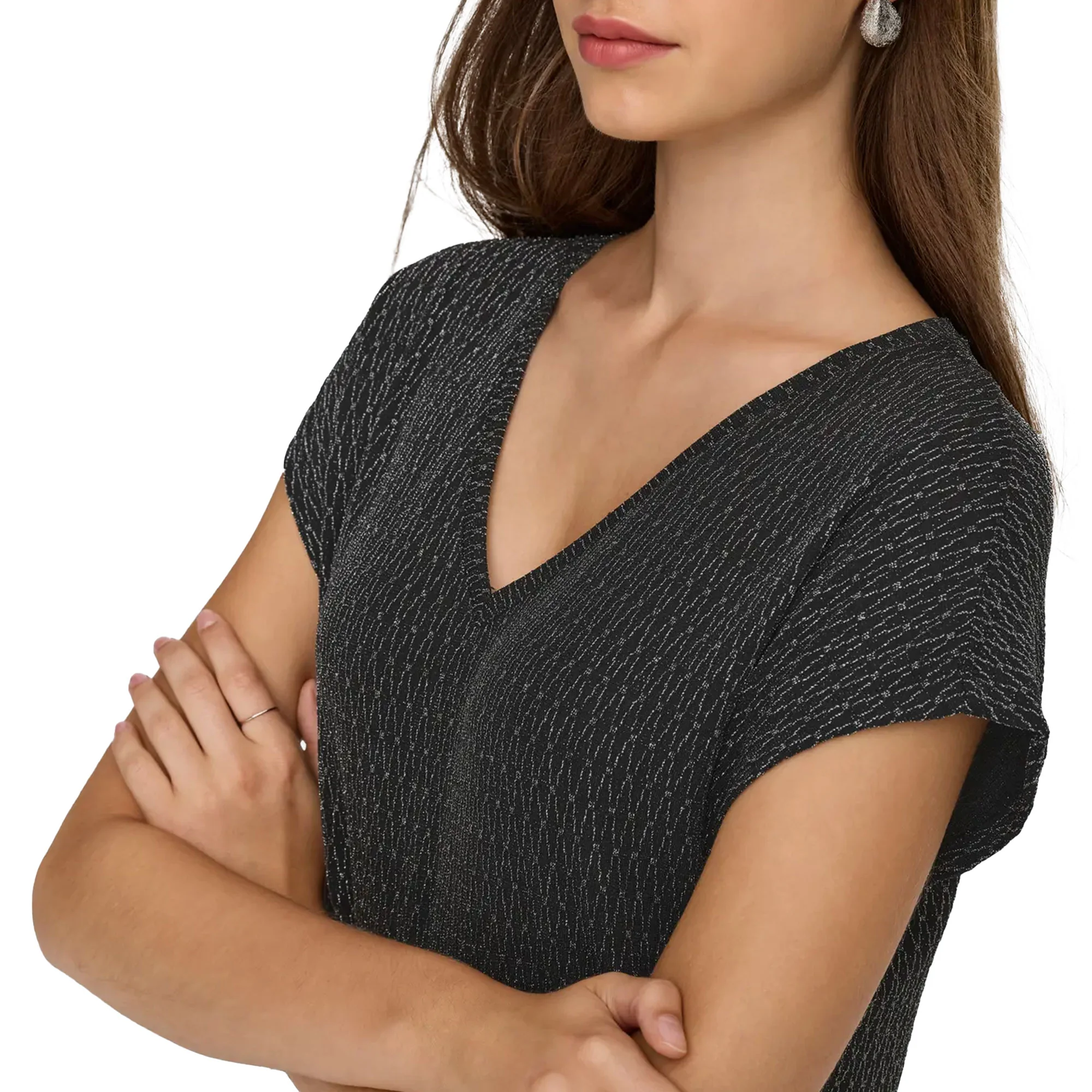 Only Carol S/S V-Neck Glitter Top Black/Harlekin Silver - Image 3