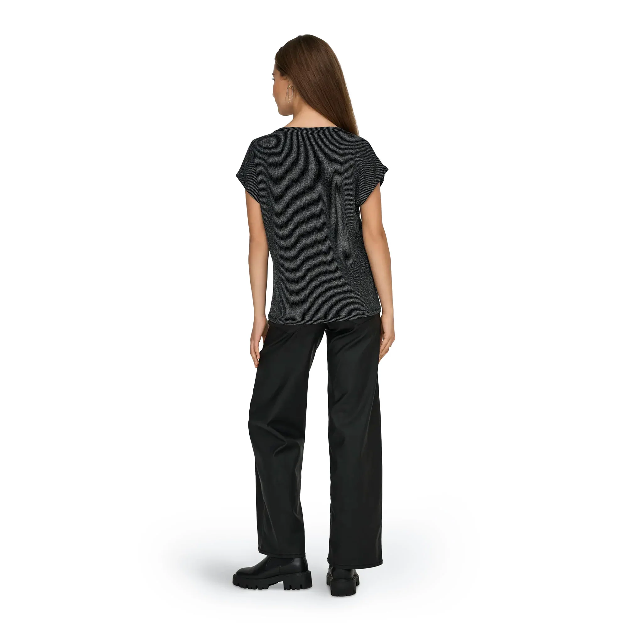 Only Carol S/S V-Neck Glitter Top Black/Silver Glitter - Image 2