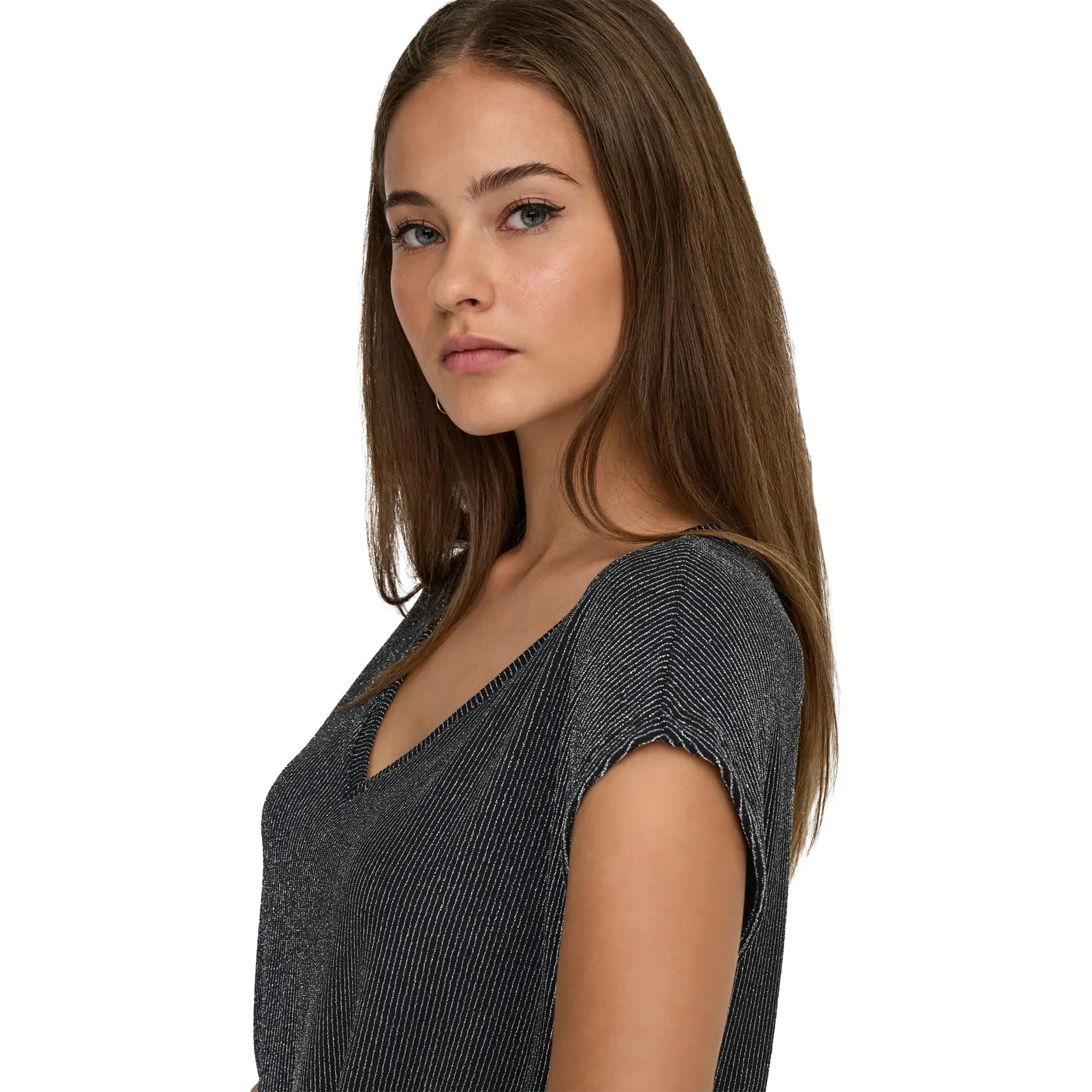 Only Carol S/S V-Neck Glitter Top Black/Silver Glitter - Image 3