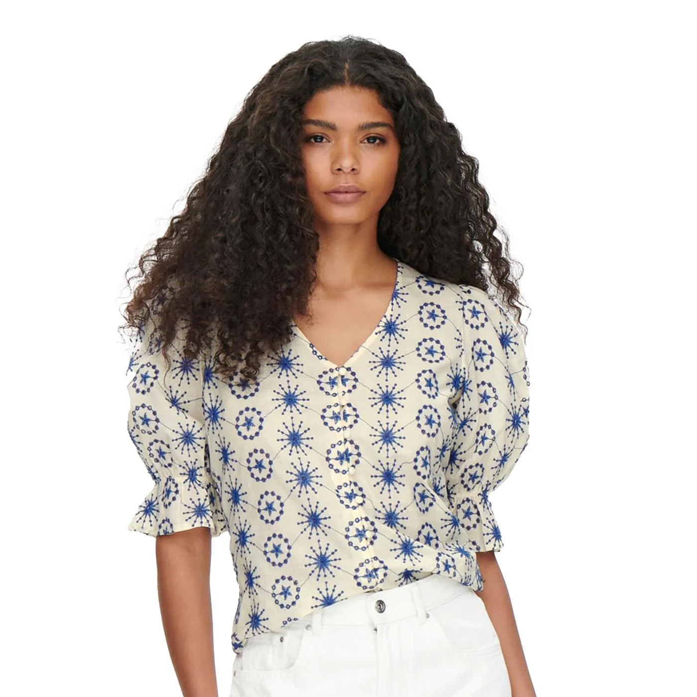 Only Jasmin SS Emb Top Creme/Moonlight Blue