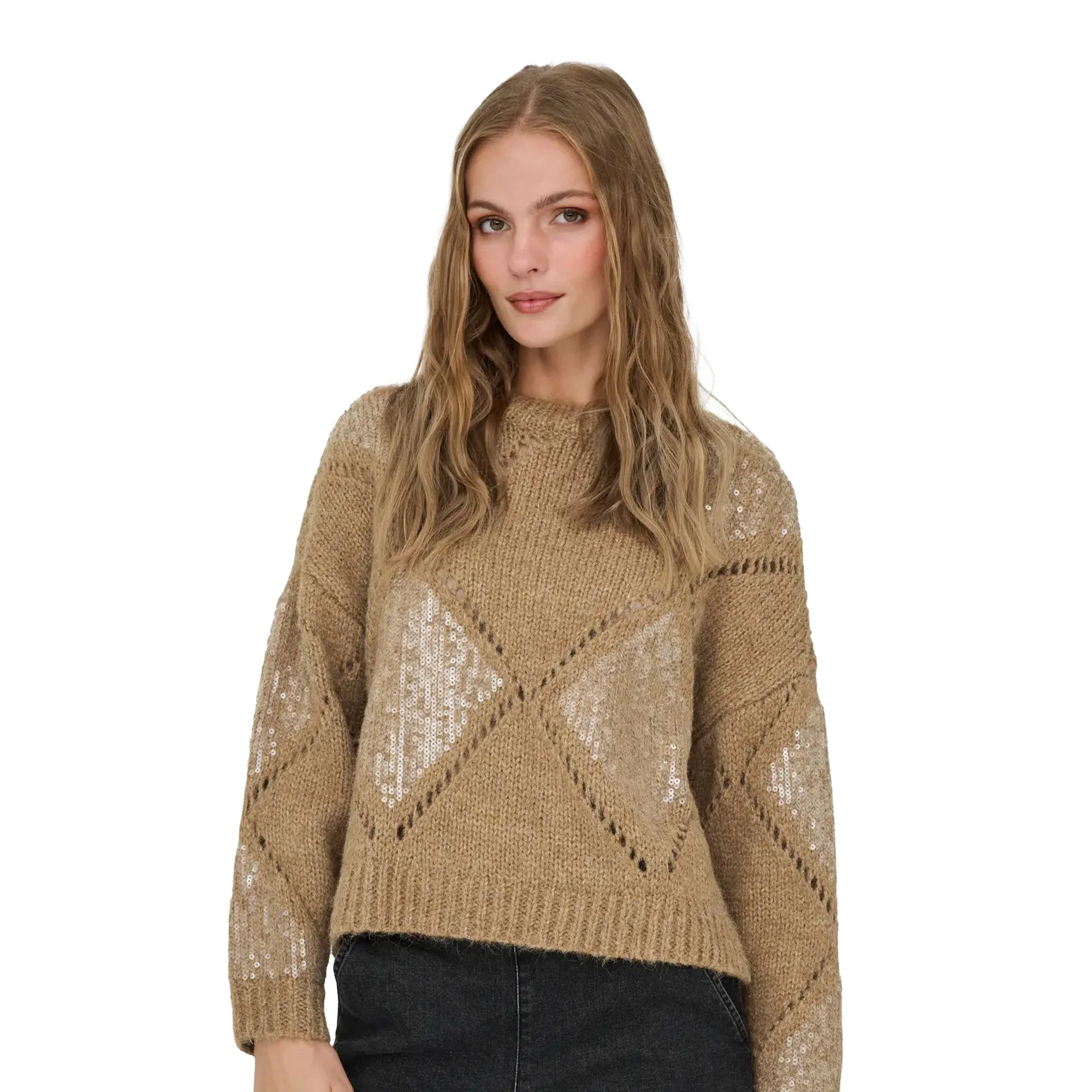 Only Kansas Life LS Sequins O-Neck Knit Tannin