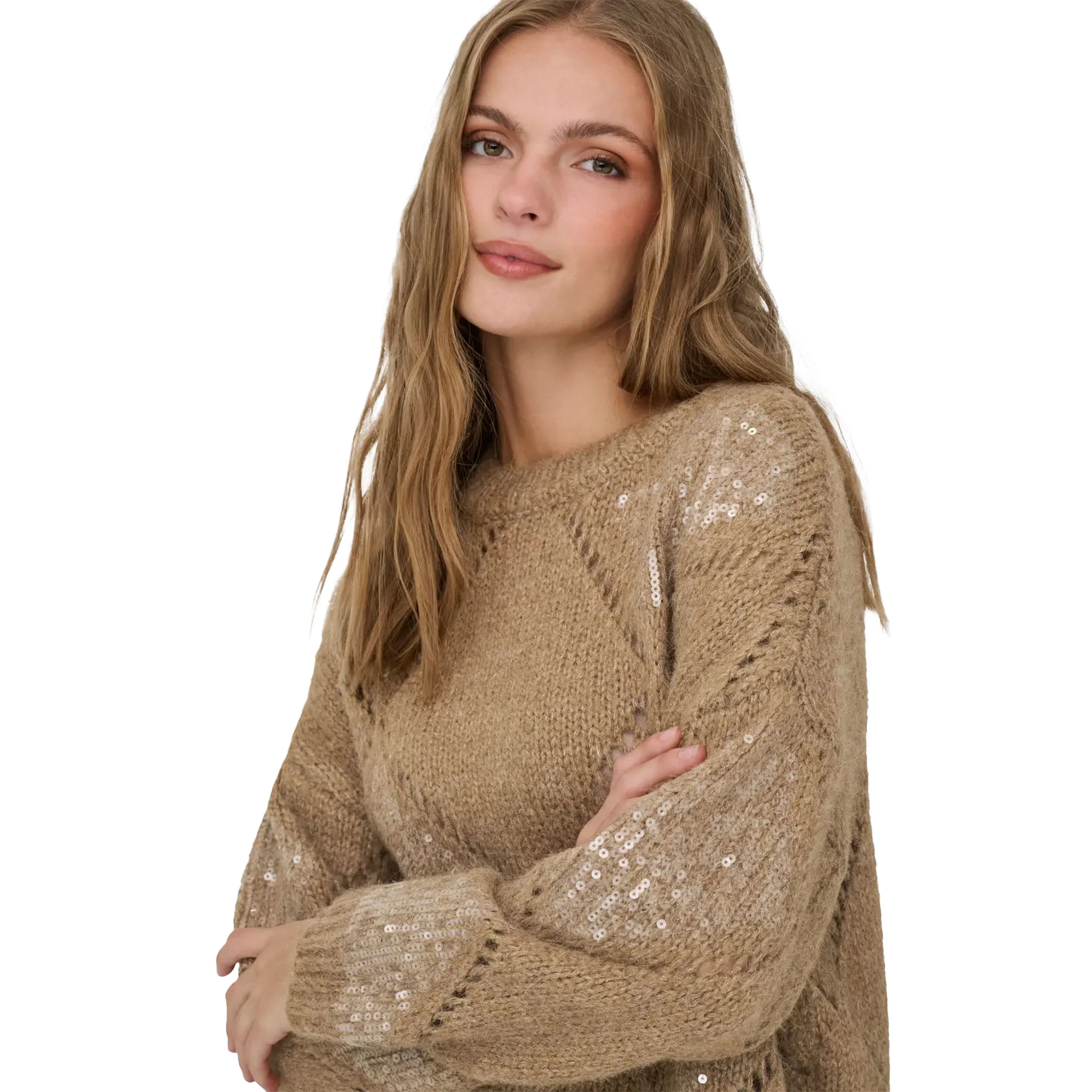 Only Kansas Life LS Sequins O-Neck Knit Tannin - Image 3