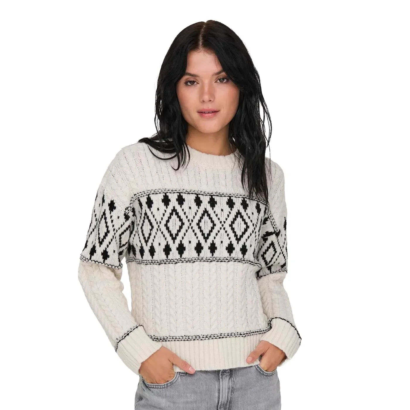 Only Marent L/S Pullover Knit Cloud Dancer/Black Detail