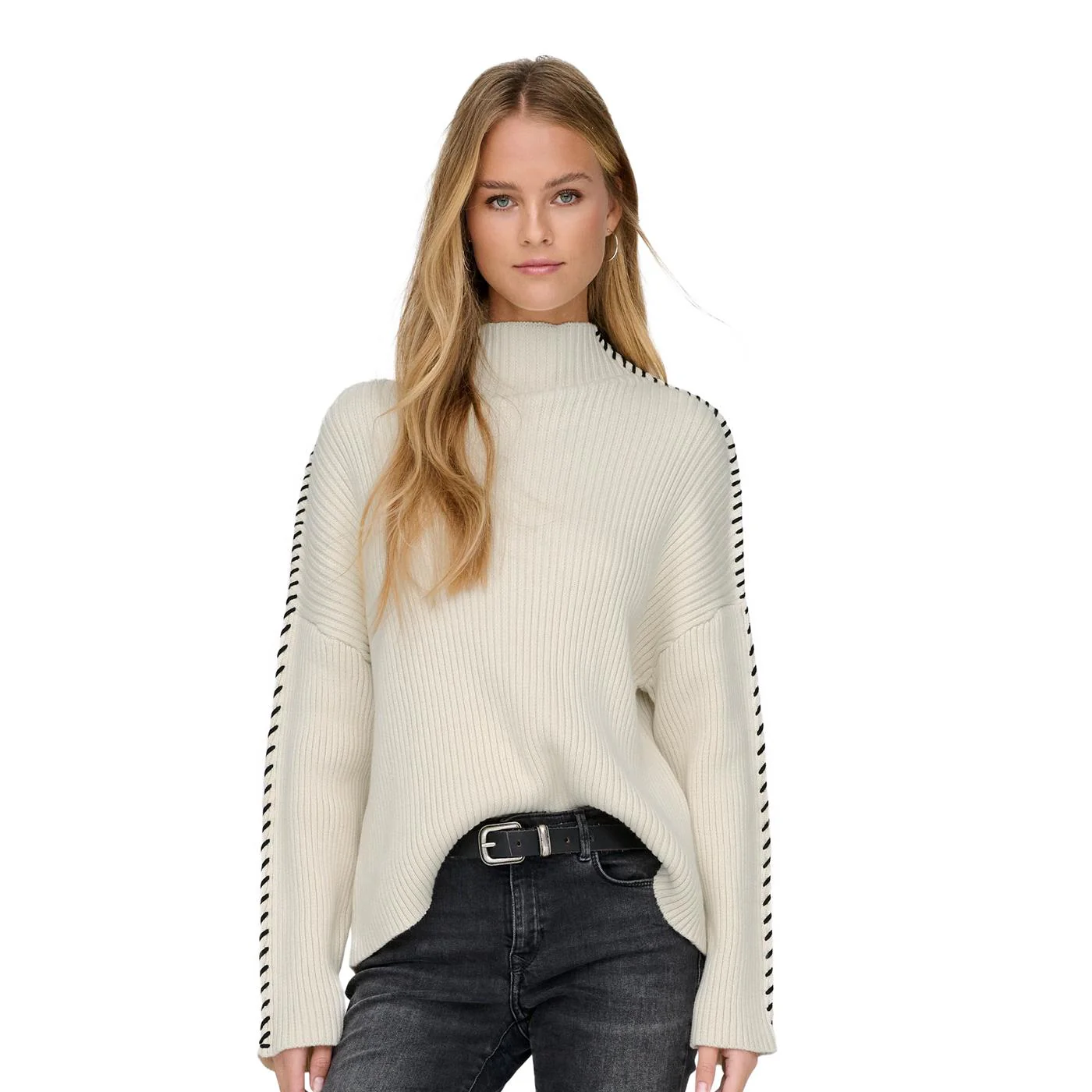Only Queenie LS Contrast High Neck Prm Knit Birch