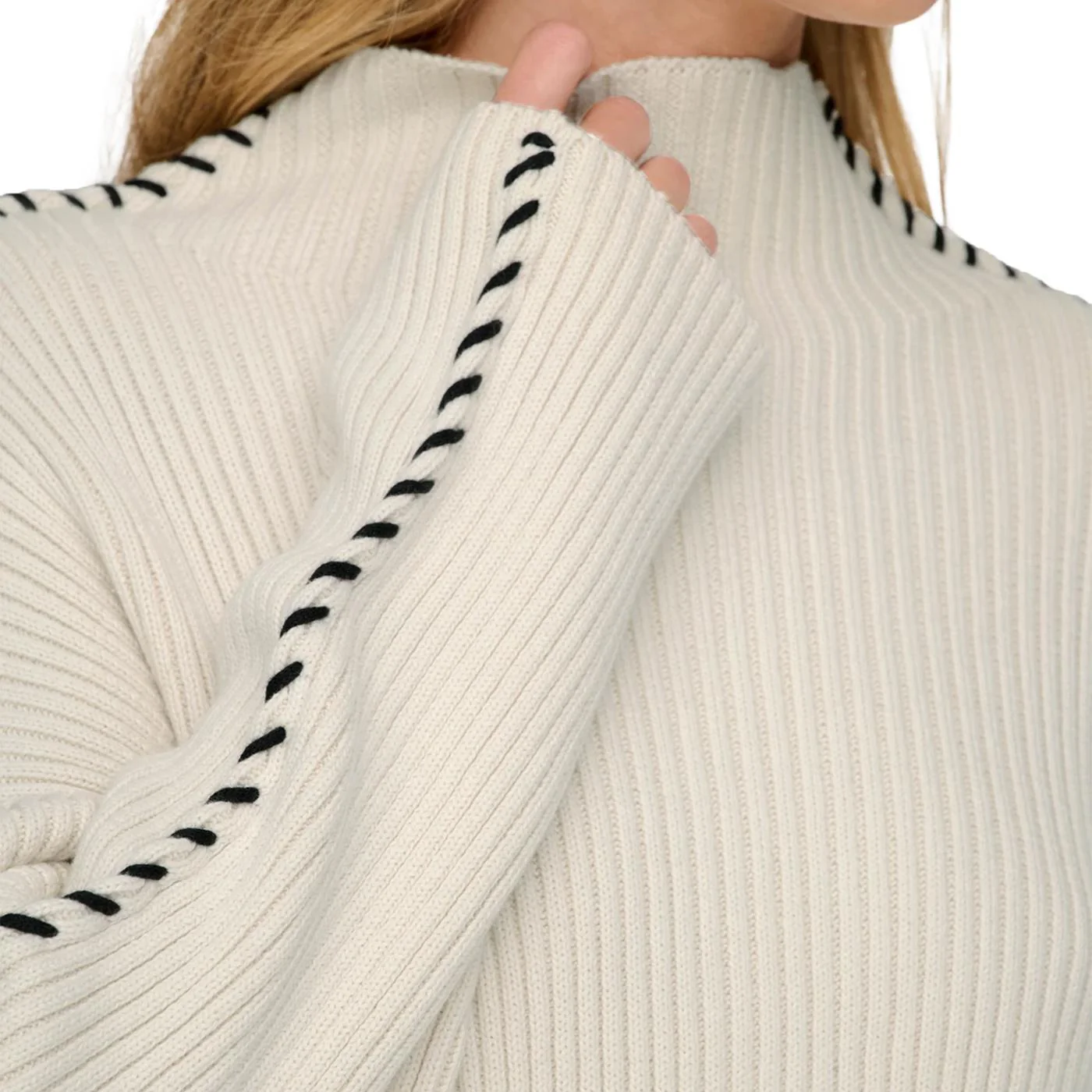 Only Queenie LS Contrast High Neck Prm Knit Birch - Image 2