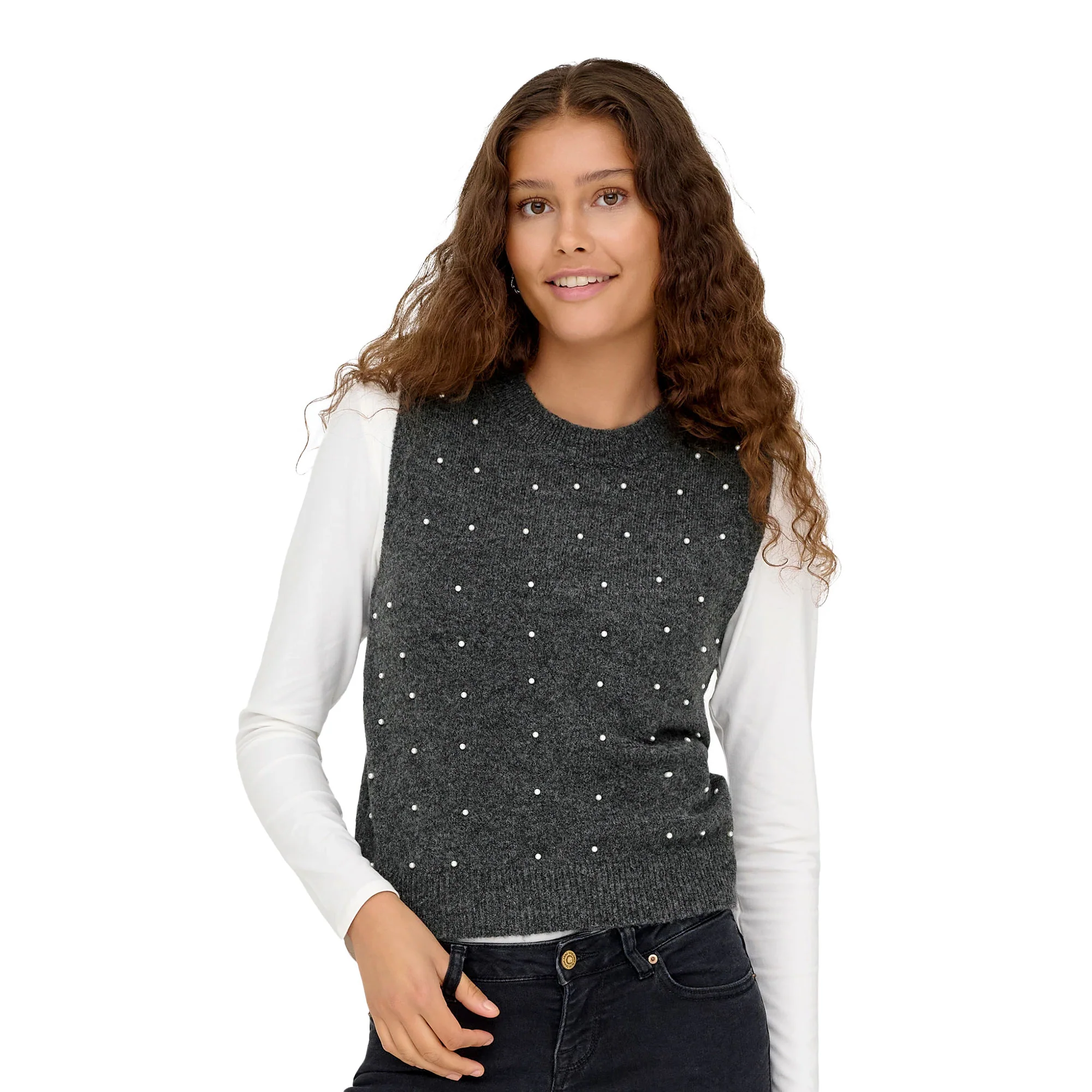 Only Renata Life SL O-Neck Pearl Vest Knit Dark Grey Melange