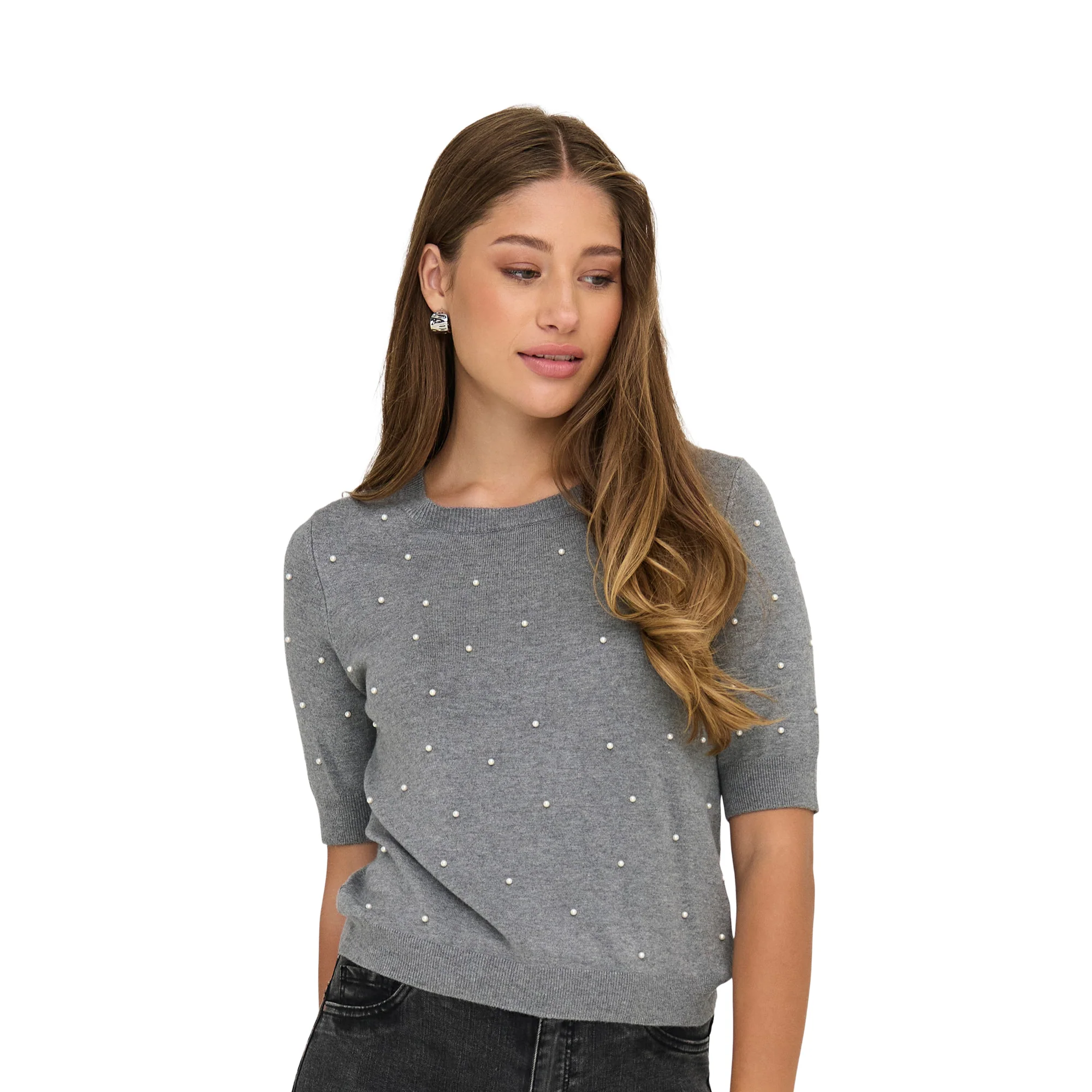 Only Venice Life SS Pearl O-Neck Knit Light Grey Melange