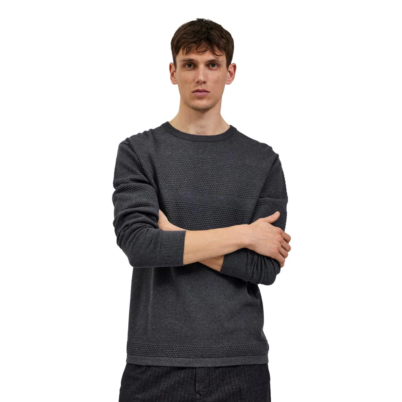 Selected Homme Maine LS Knit Crew Neck Dark Grey